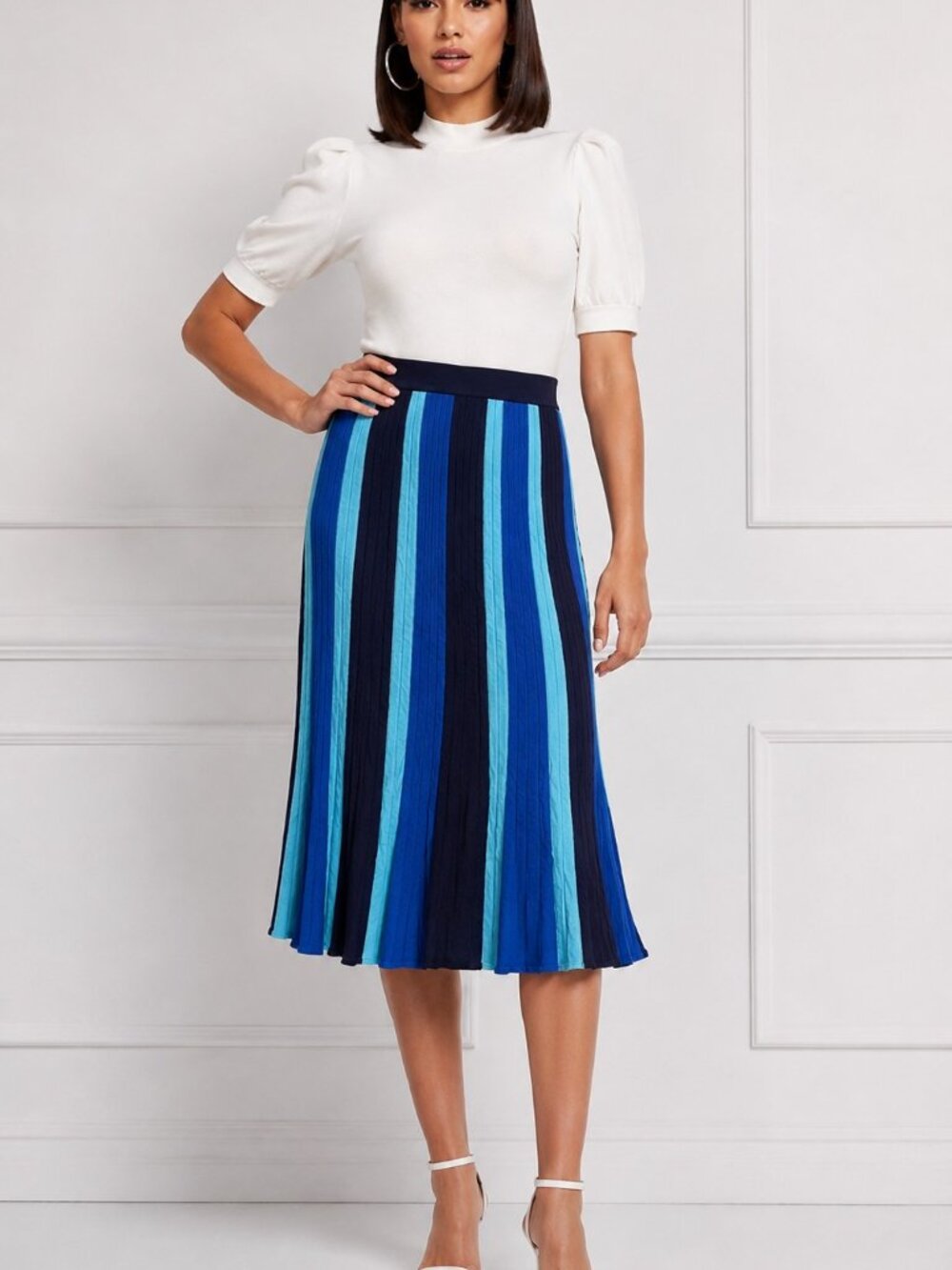 Eva Mendes NY&Co Pleated Midi Skirt XL Blue Navy Aqua Stripe Knit Pull On - Picture 10 of 10